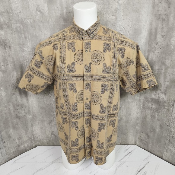 Vintage 90s Gitano Mens L Tan Bandanna Pattern S/S Button Front Shirt Streetwear - Picture 1 of 8